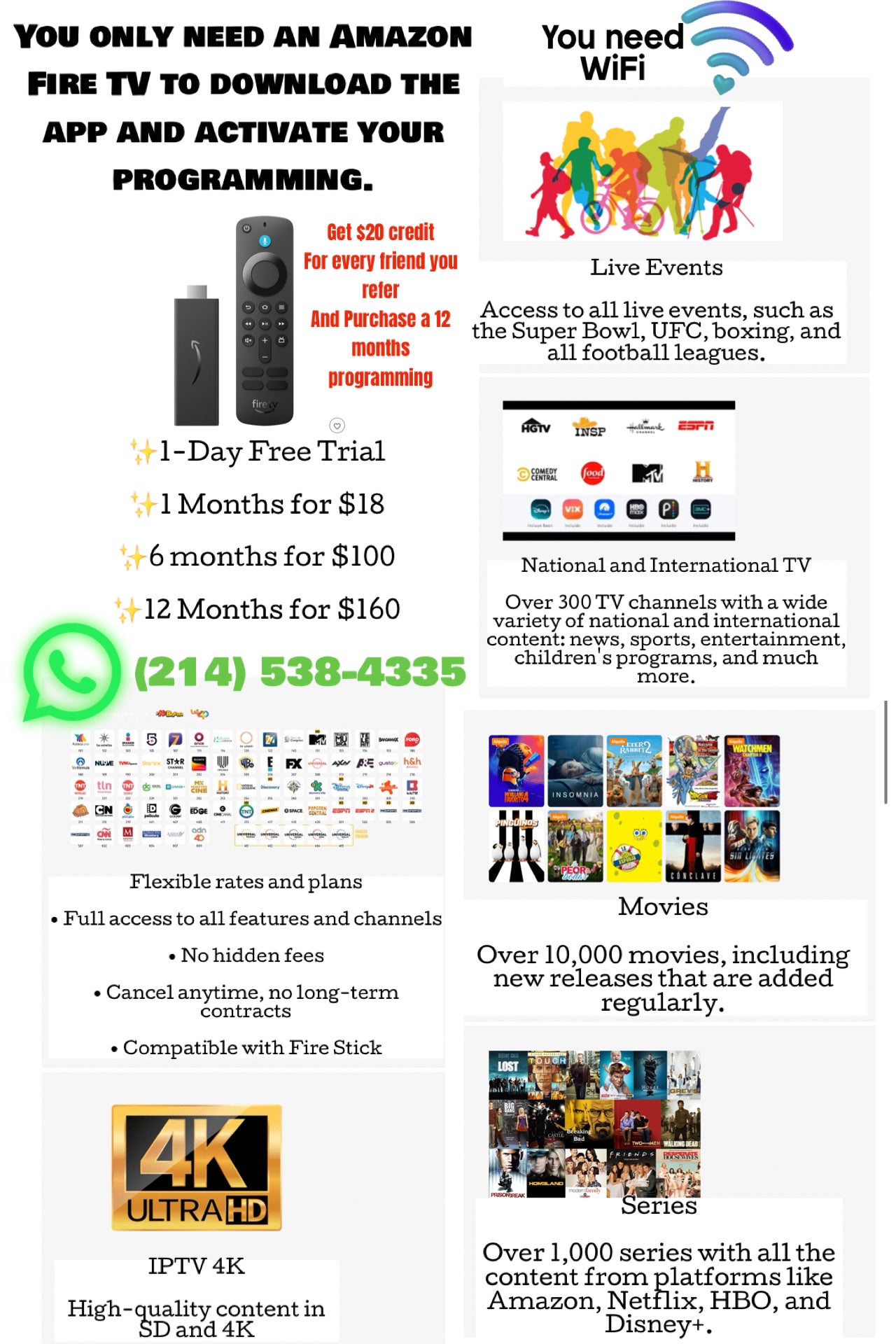 TV PROGRAMMING TEXT ME FOR ANY INFORMATION(YOU ONLY NEED WIFI AND A FIRE TV) ask for a 1 Day Demo free