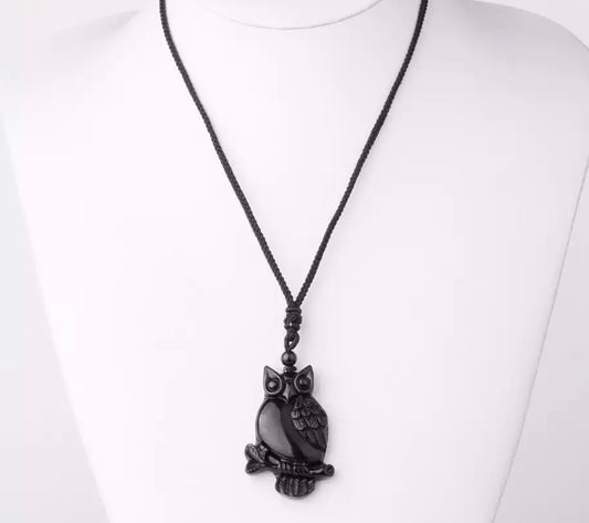 Obsidian owl protection necklace